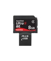 SanDisk SecureDigital ULTRA II PLUS USB 8GB SDHC, rychlost zápis/čtení 60x/66x (150kB/s=1x) tj. 9/10MB/s, pouzdro
