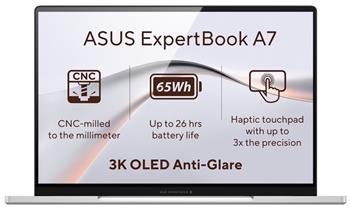 ASUS ExpertBook A7/ Core 7 350/ 16GB DDR5/ 512GB SSD/ Intel Graphics/ 14"WQXGA+, OLED/ W11H/ stříbrný/ 3y onsite NBD