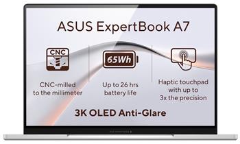 ASUS ExpertBook A7/ Core 7 350/ 16GB DDR5/ 512GB SSD/ Intel Graphics/ 14"WQXGA+, OLED/ W11P/ stříbrný/ 3y onsite NBD