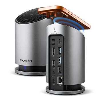 AXAGON HMC-WL9, USB-C 10Gbps dokovací stanice s Qi, HDMI + DP 4k/60Hz, 4x USB, RJ-45 GLAN, PD 100W