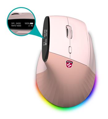 CONNECT IT FOR HEALTH ergonomická vertikální myš s displejem, bezdrátová,2x BT,USB 2,4GHz, RGB Podsvícení, růžová