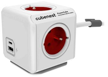 Cubenest Powercube Extended USB PD 20W, A+C, 4× zásuvka, 1,5m, bílá/červená, dětská pojistka, uzemnění, dok, 10A/250V