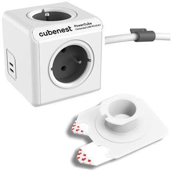 Cubenest Powercube Extended USB PD 35W, 2xUSB-C, 4× zásuvka, 1,5m, bílá/šedá, dětská pojistka, uzemnění, montážní dok