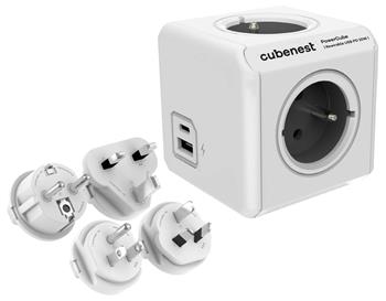 Cubenest Powercube ReWirable USB PD 20W, A+C, 4× zásuvka, bílá/šedá, 4 cestovní koncovky, dětská pojistka, uzemnění