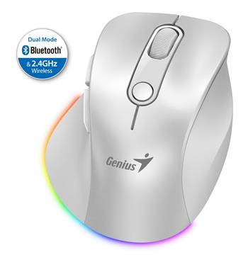 GENIUS Ergo 9000S Pro Pearl White/ duální Bluetooth + 2,4GHz/ 2400 dpi/ bezdrátová/ 6tlačítková/ dobíjecí/ RGB/ bílá