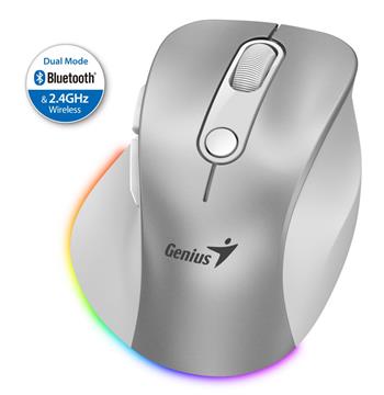 GENIUS Ergo 9000S Pro Silver/ duální Bluetooth + 2,4GHz/ 2400 dpi/ bezdrátová/ 6tlačítková/ dobíjecí/ RGB/ stříbrná