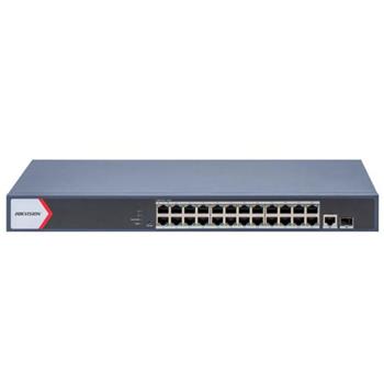 Hikvision Smart managed switch 24x Gb PoE + 1x Gb RJ45 + 1xGb SFP, 370W, Super PoE - dosah až 300m