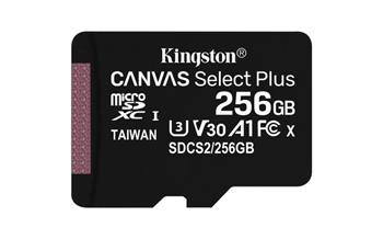 KINGSTON 256GB microSDHC CANVAS Plus Memory Card 100MB/85MBs- UHS-I class 10 Gen 3 - bez adaptéru