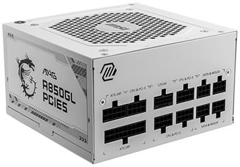 MSI zdroj MAG A850GL PCIE5 WHITE/ 850W/ ATX3.0/ akt. PFC/ 7 let celk. záruka/ 120mm fan/ modulární kabeláž/ 80PLUS Gold