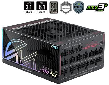 MSI zdroj MPG AI1600TS PCIE5/ 1600W/ ATX3.1/ akt. PFC/ 12 let záruka/ 135mm fan/ modulární kabeláž/ 80PLUS Titanium