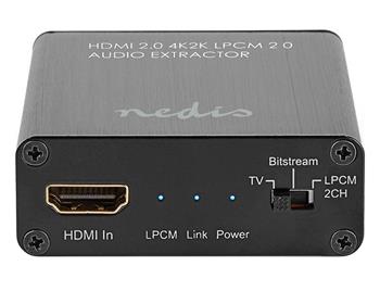 NEDIS HDMI extraktor/ HDMI vstup/ TosLink zásuvka/ 1x 3.5 mm/ 1x HDMI výstup/ 4K@60Hz/ 18 Gbps/ kov/ antracit
