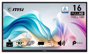 MSI PRO MP161E6T/ 15,6"/ 1920x1080/ IPS/ 4ms/ 60Hz/ 250cd/m2/ 1000:1/ dotykový/ HDMI/ VESA/ černý
