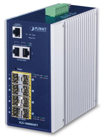 Planet IGS-10080MFT průmyslový L3 switch, 2x1Gb, 6x1Gb SFP, 2x2.5Gb SFP, 12-48VDC, -40~75°C, IP30