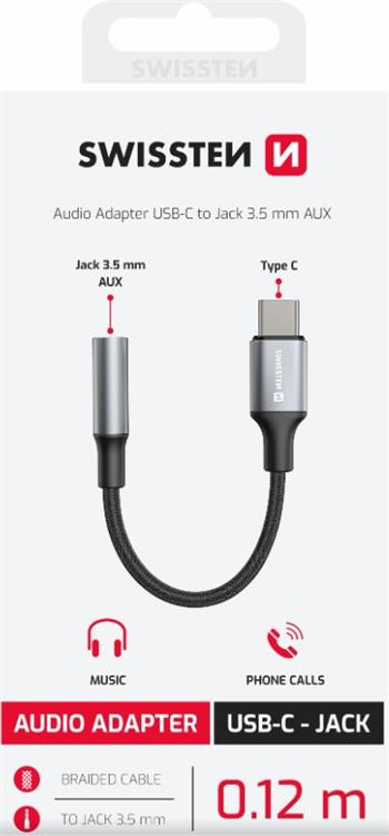 SWISSTEN AUDIO ADAPTÉR TEXTILE USB-C (samec) / 3,5mm AUX 0,15 M ČERNÝ (nahrazuje 73501301)