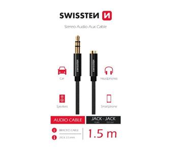 SWISSTEN AUDIO KABEL TEXTILE 3,5 mm JACK(samec) - 3,5 mm JACK (samice) 1,5 M ČERNÝ