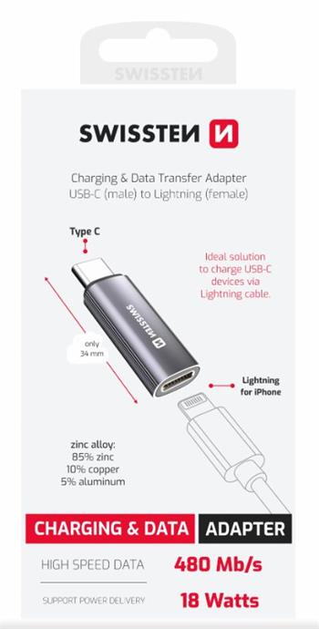 SWISSTEN NABÍJECÍ ADAPTÉR TEXTILE USB-C (samec) / LIGHTNING (samice) STŘÍBRNÝ